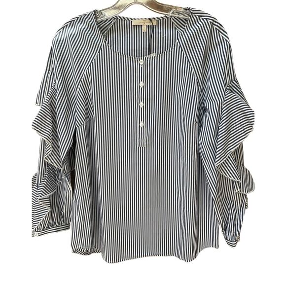 7 For All Mankind Striped Ruffle Long Sleeve Blouse Coastal Hamptons Small 7FAM - Picture 2 of 11